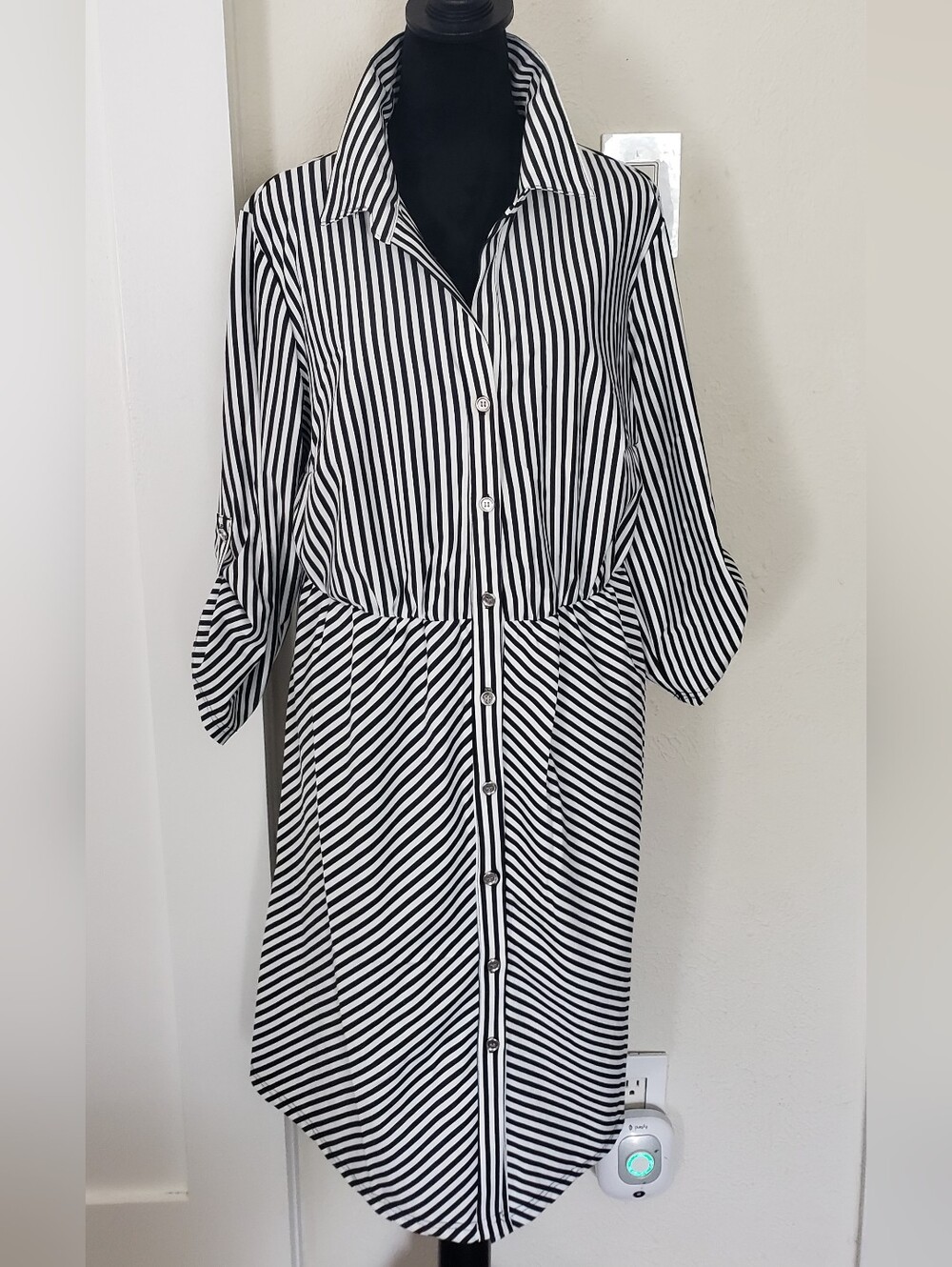 Black and White Striped Button-Front Shirt Dress - Women